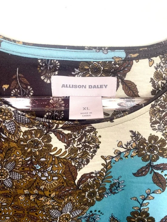Allison Daley XL Turquoise Brown Floral Patchwork Long Sleeve Top Rhinestones - Picture 4 of 6